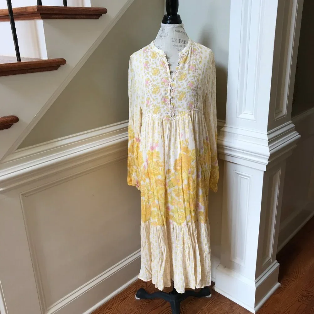 NWT Spell Yellow Rose Midi Dress Womens XL Floral Organic Cotton Long Sleeve NEW - Picture 6 of 14